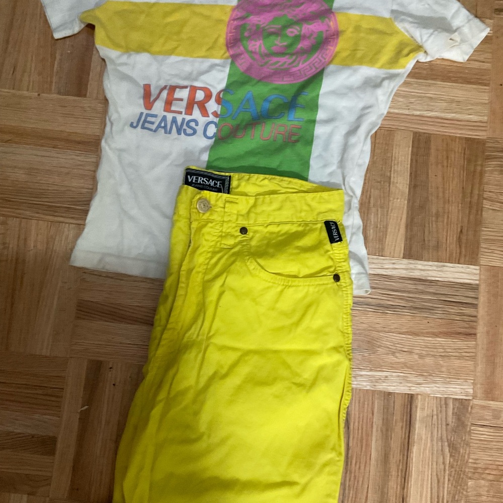 Versace Multicolor Logo Tee and Yellow Pants